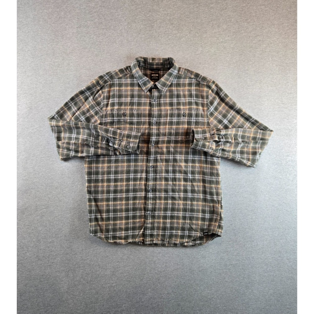 Prana Shirt Mens M Green Brown Dolberg Flannel Button Up Plaid Outdoors Organic